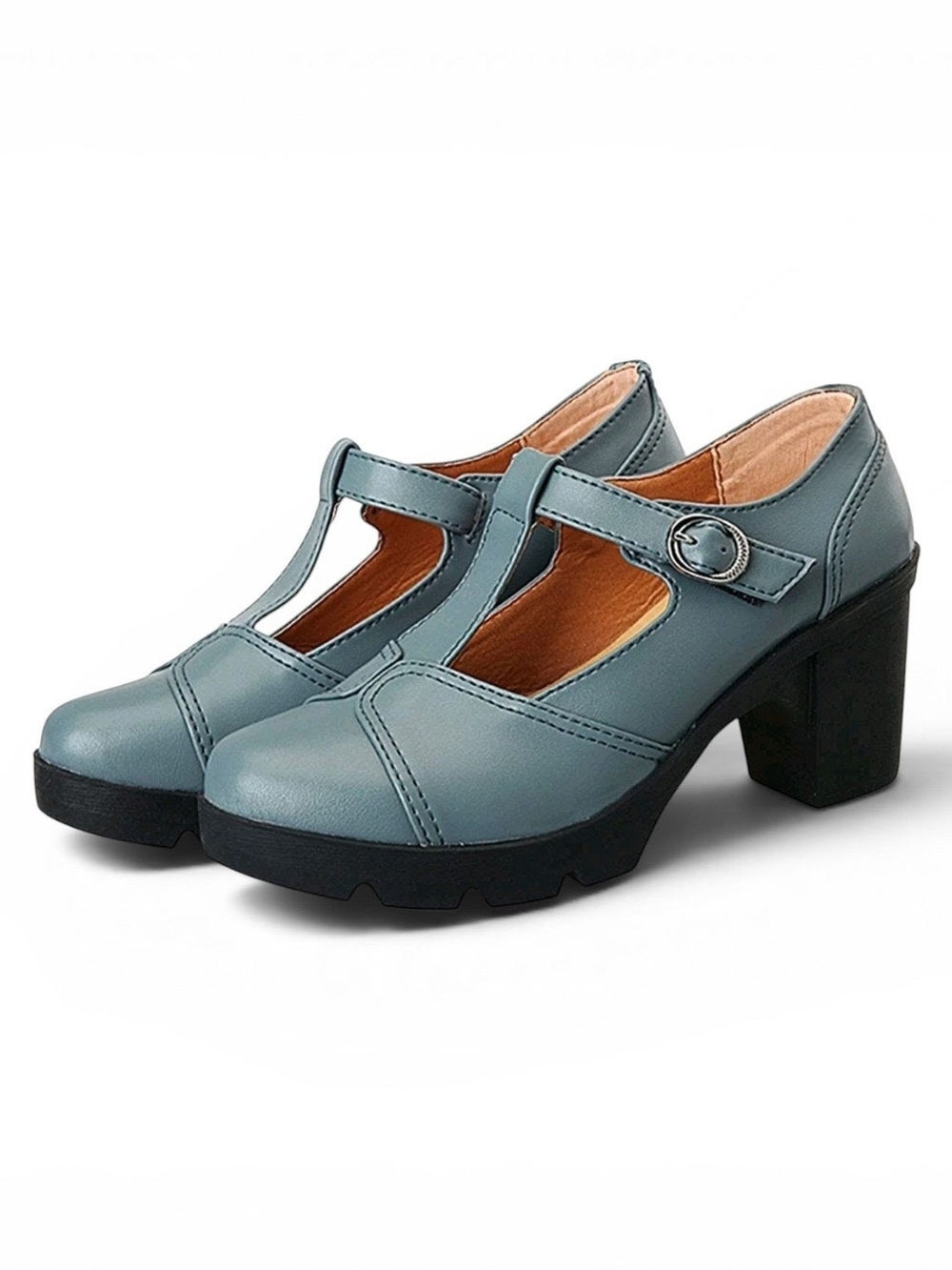 Dadawen Women's Blue Leather Mary Jane T-Strap Buckle Chunky Heel Shoes Size 7